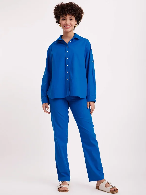 women's tops with sleeveless designsLinen Oversized Shirt And Trouser Co-ord - Blue