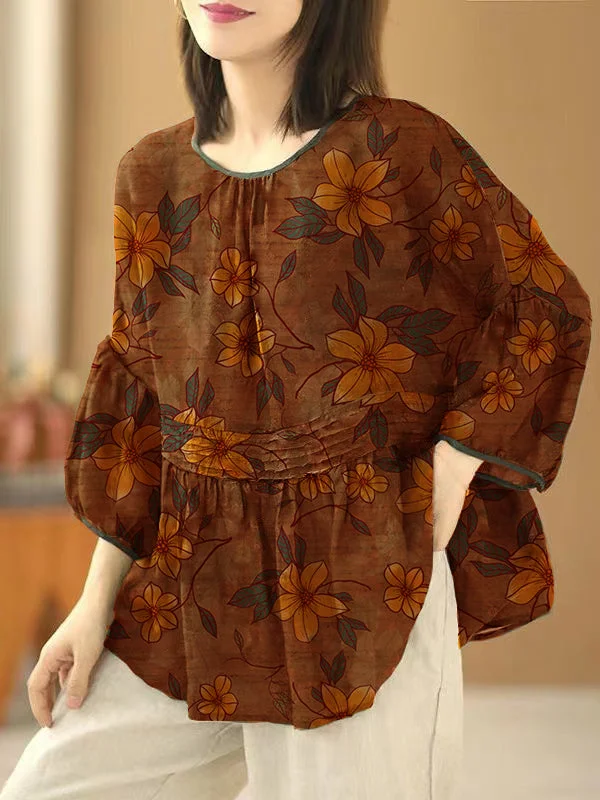 women's tops for those who want to invest in timeless piecesHandmade orange-flower O Neck Print Wrinkled Patchwork Cotton Top Summer