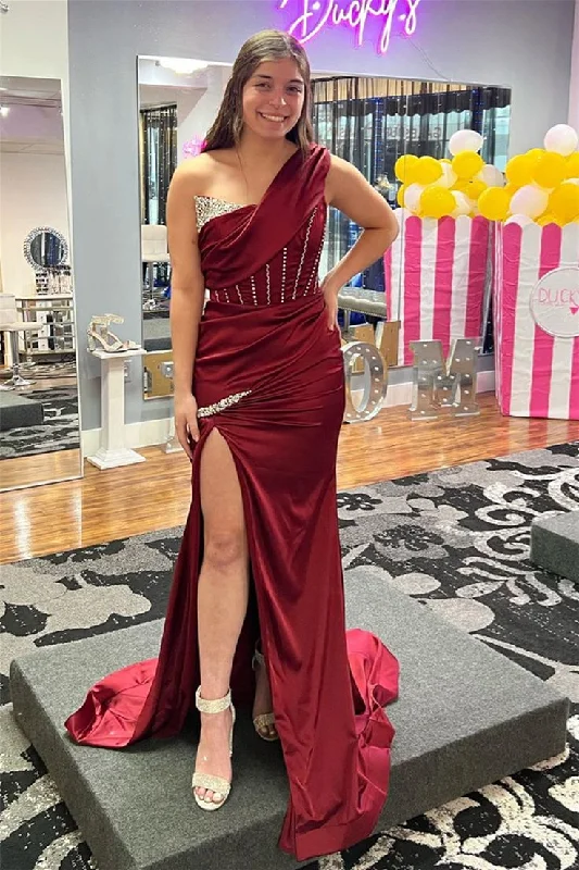 Designer DressBurgundy One Shoulder Boning Beaded Satin Long Prom Dress with Slit Y5720