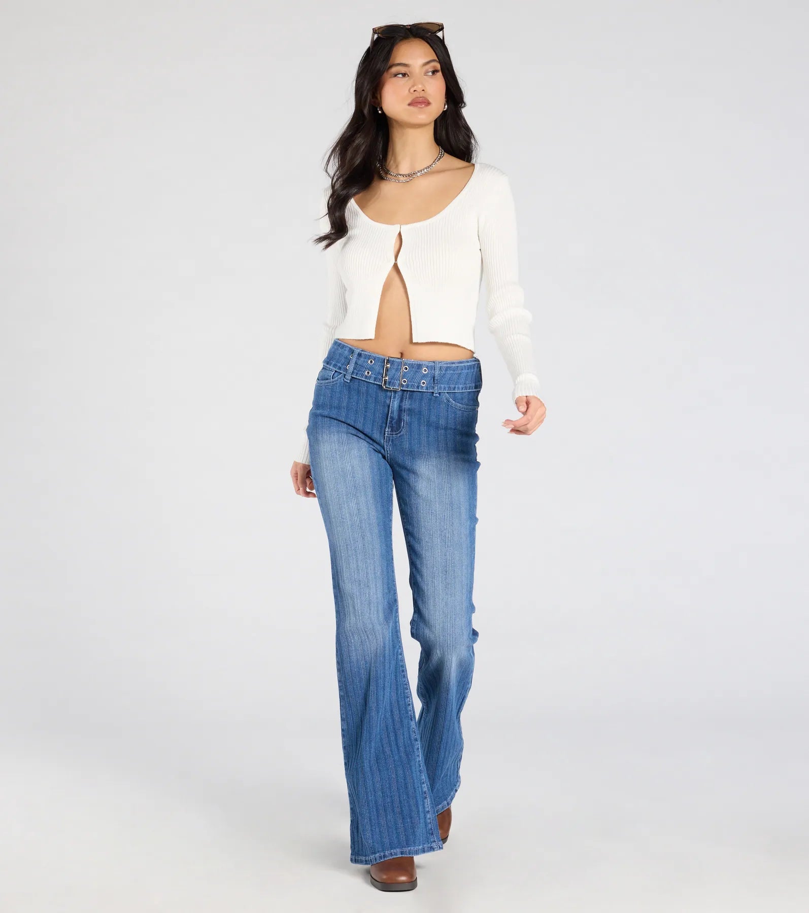 women's denim jeans for a bohemian lookAll Time Cute Mid-Rise Belted Flare Denim Jeans