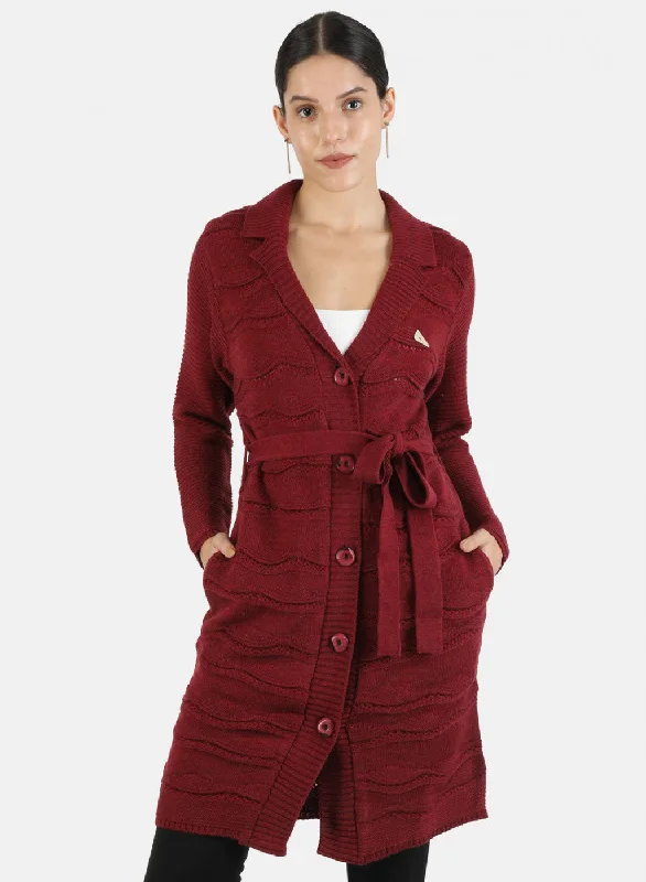 Crewneck SweatersWomen Maroon Solid Cardigan