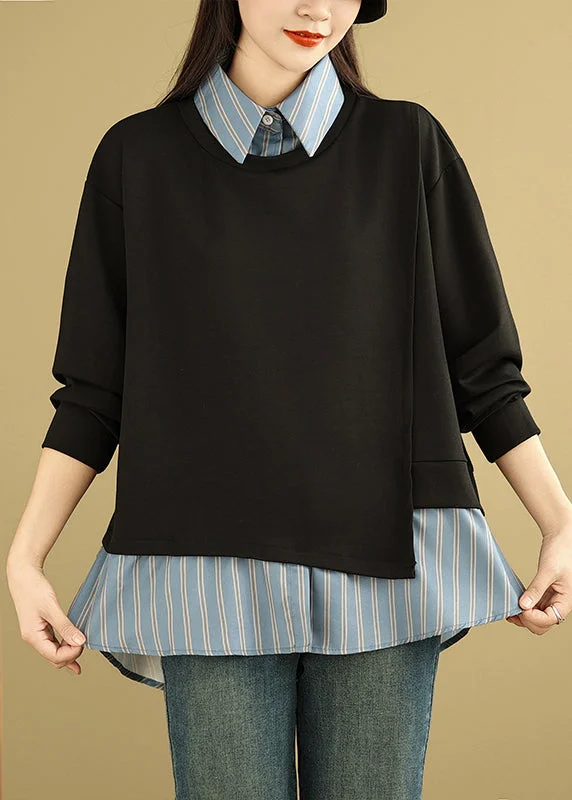 women's tops for those who want to create outfits that are both unique and memorableNew Black Peter Pan Collar Patchwork False Two Pieces Cotton Blouse Tops Spring