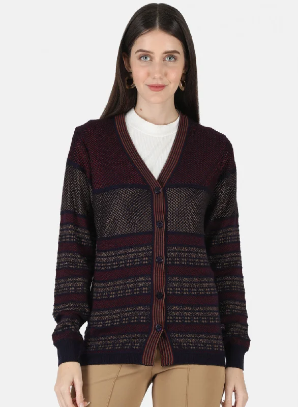 Trendy SweatersWomen Maroon Self Design Cardigan