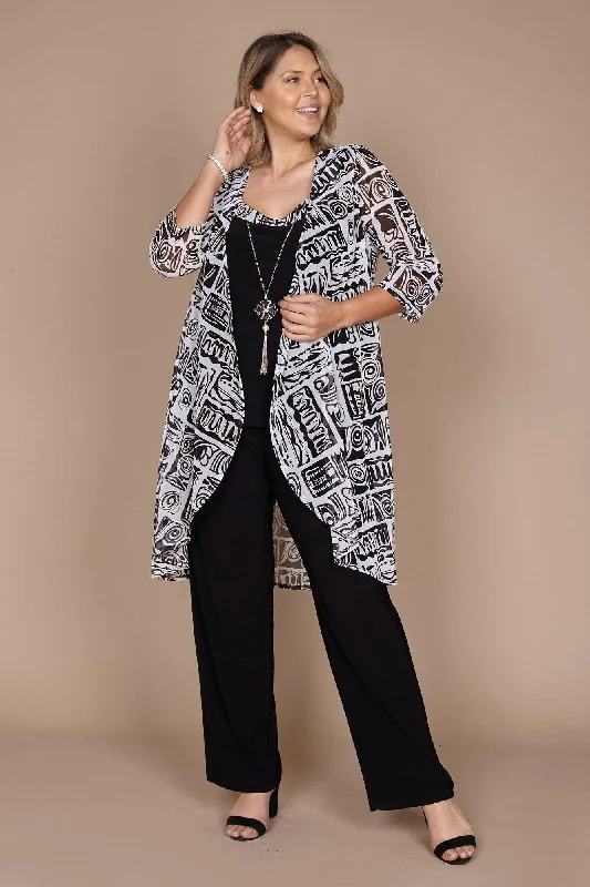 women's coats with belted waistsR&M Richards 7248 Printed Mesh Jacket Pant Suit