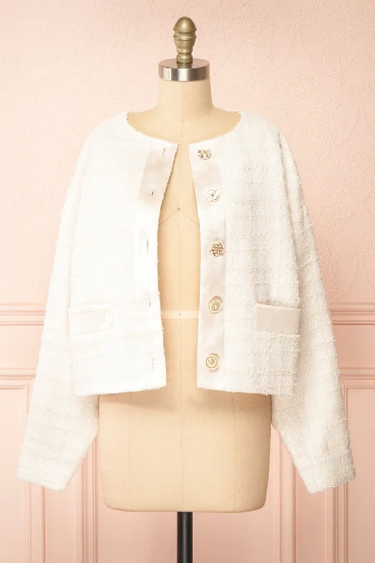 women's coats for maternity wearAnissa | Jewel Button-Up Ivory Tweed Jacket