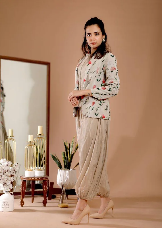 women's coats with lace detailingOmana by Ranjan Bothra's Beige Color Printed Jacket & Cowl Dhoti Set - Rent