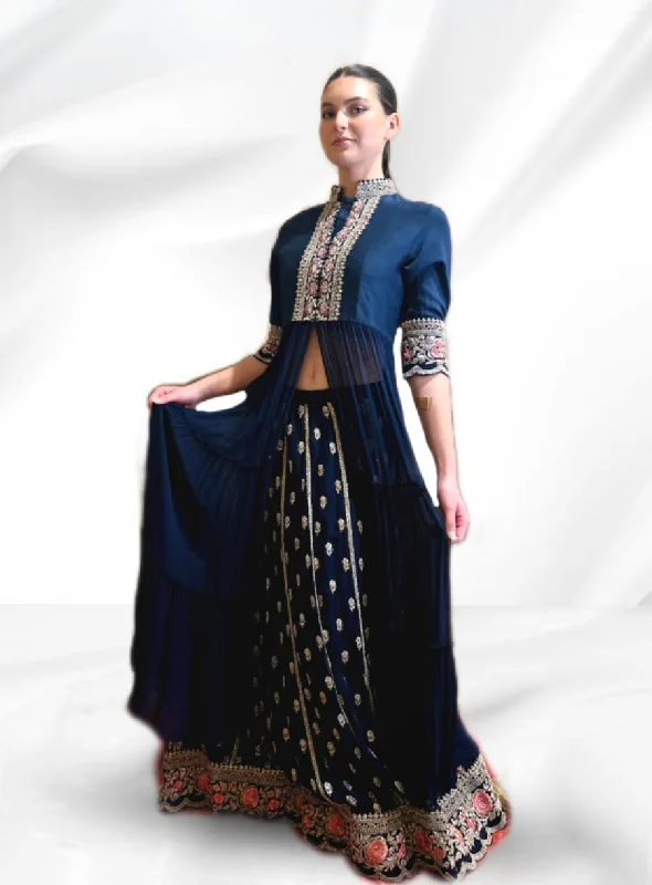 women's coats with adjustable sleevesBlue Georgette Anarkali Jacket with Lehenga - Rent