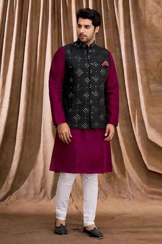 women's coats for everyday wear and tearAham Vayam's Mirror work Nehru jacket with Kurta set- Rent