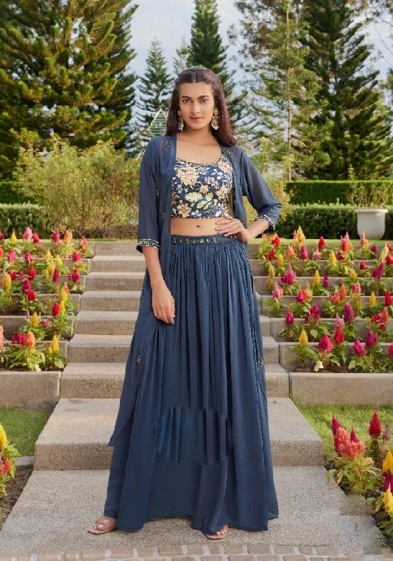 women's coats with sheer overlaysClassy Blue colored Embroidered Lehenga Set with jacket - Rent