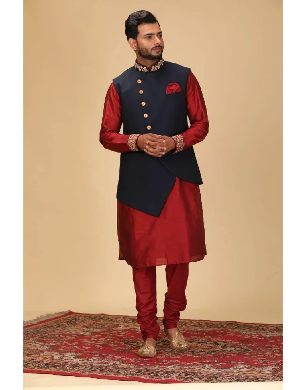 women's coats for special occasions and everyday eleganceBluesnGreys Designer Red Color Kurta Pant Nehru Jacket - Rent