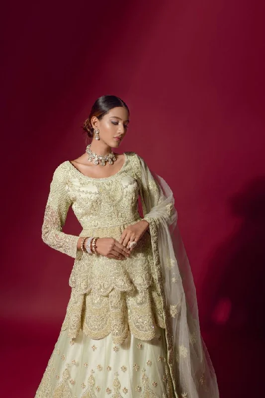 women's coats with military-inspired designsLight Yellow Embroidered Peplum Jacket Lehenga - Rent