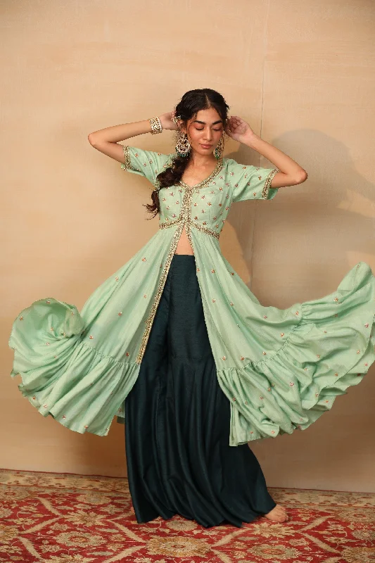 women's coats with satin liningsDesigner Rashika's Mint and Dark Green Tiered Jacket Sharara for Rent